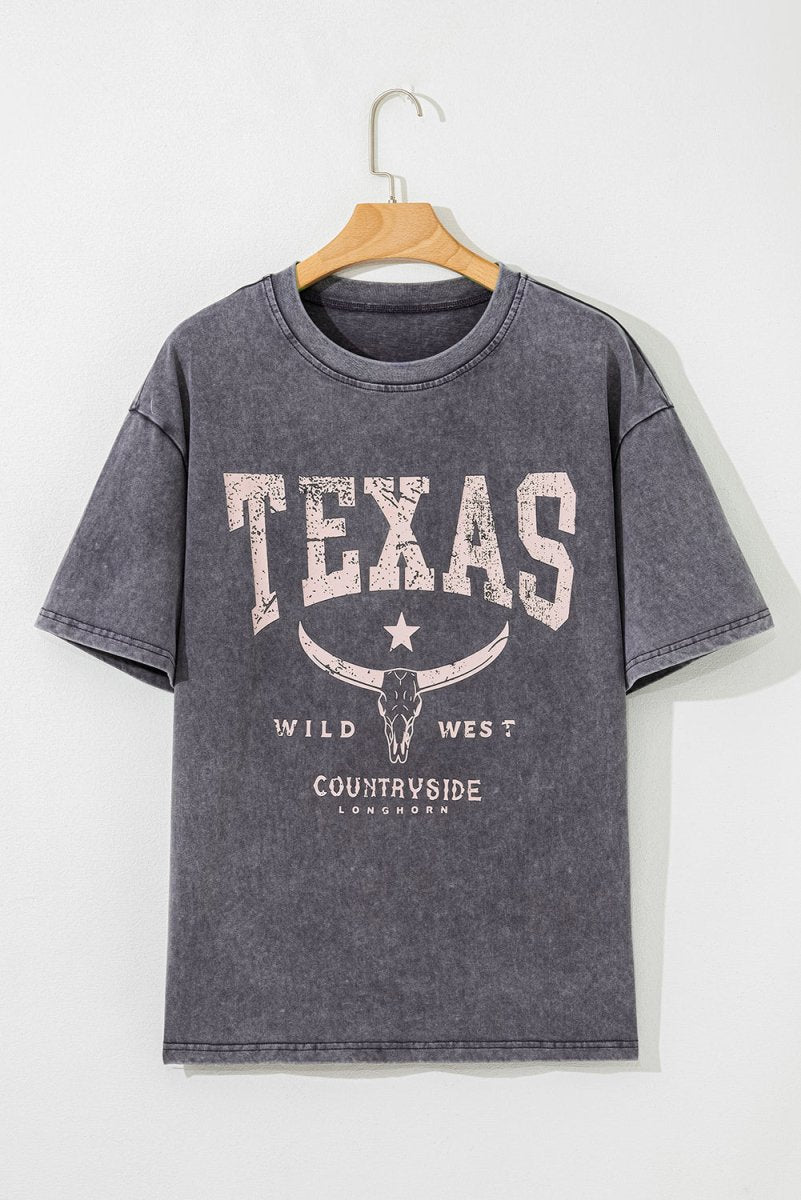 Medium Grey TEXAS Steer Head Graphic Mineral Wash T Shirt - Love Salve